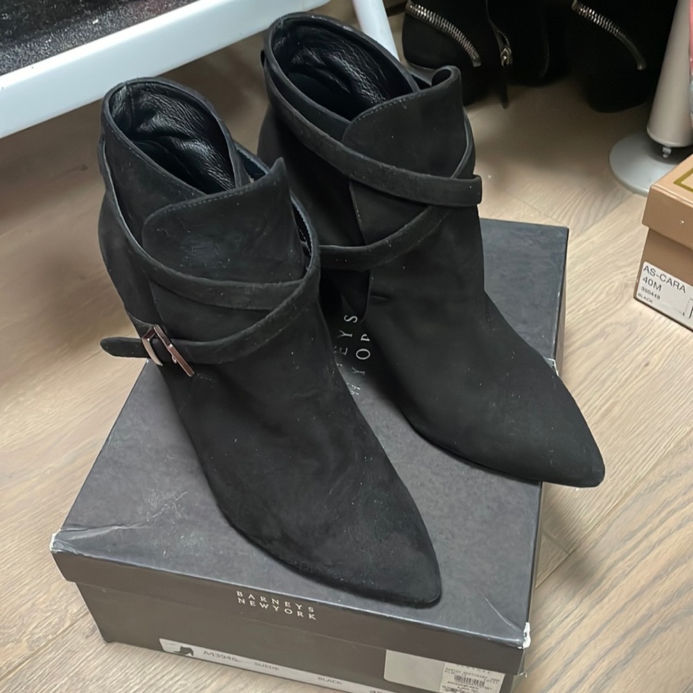 Black suede high heel booties size 40 ( US10) barely worn.